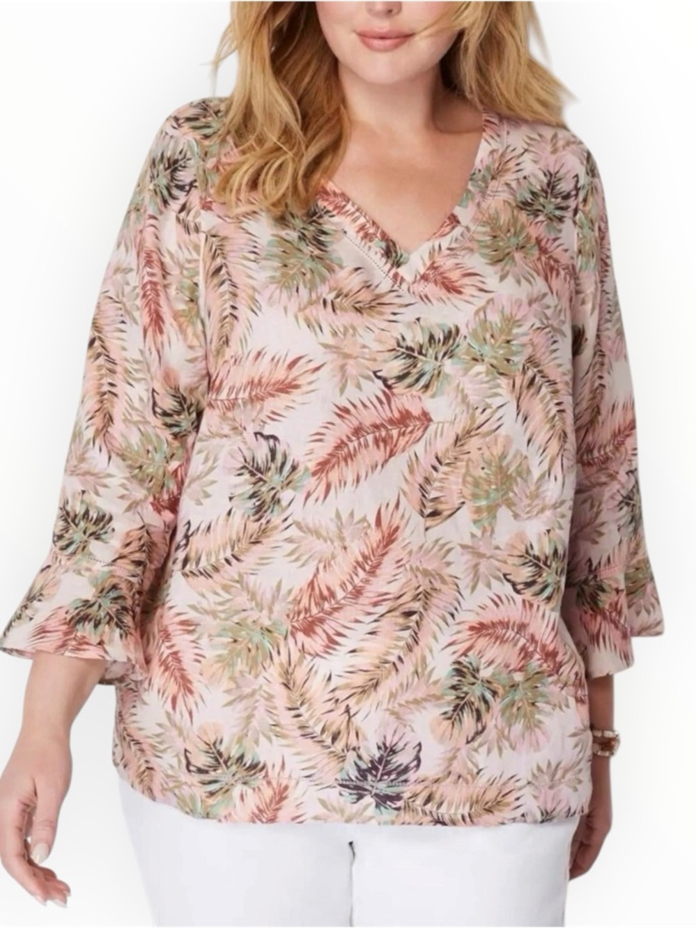 J. Jill Love Linen V-Neck Top Flounced Sleeve Size XS Soft Rose Palms Tropical